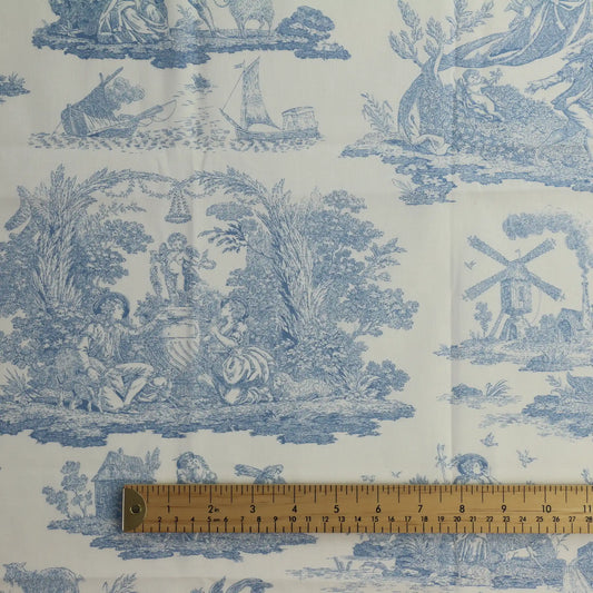 blue-&-cream-toile-de-jouy-cotton-fabric- – product laid flat showing its colour and pattern