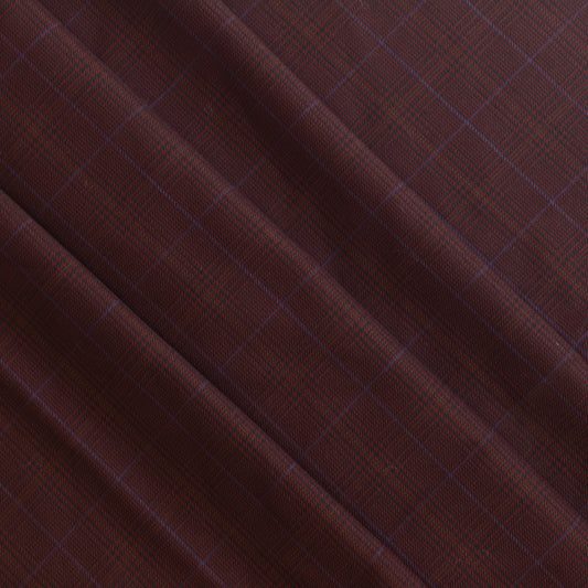 Dark red viscose polyester tartan suiting fabric gently folded