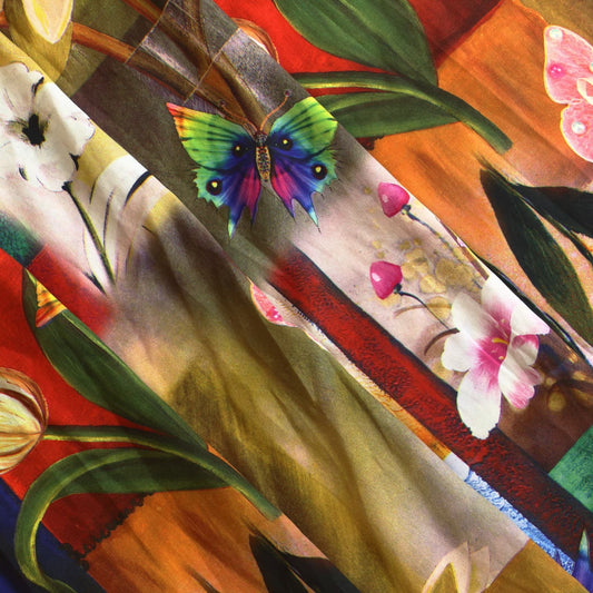 Floral graphic print polyester sewing fabric gently folded