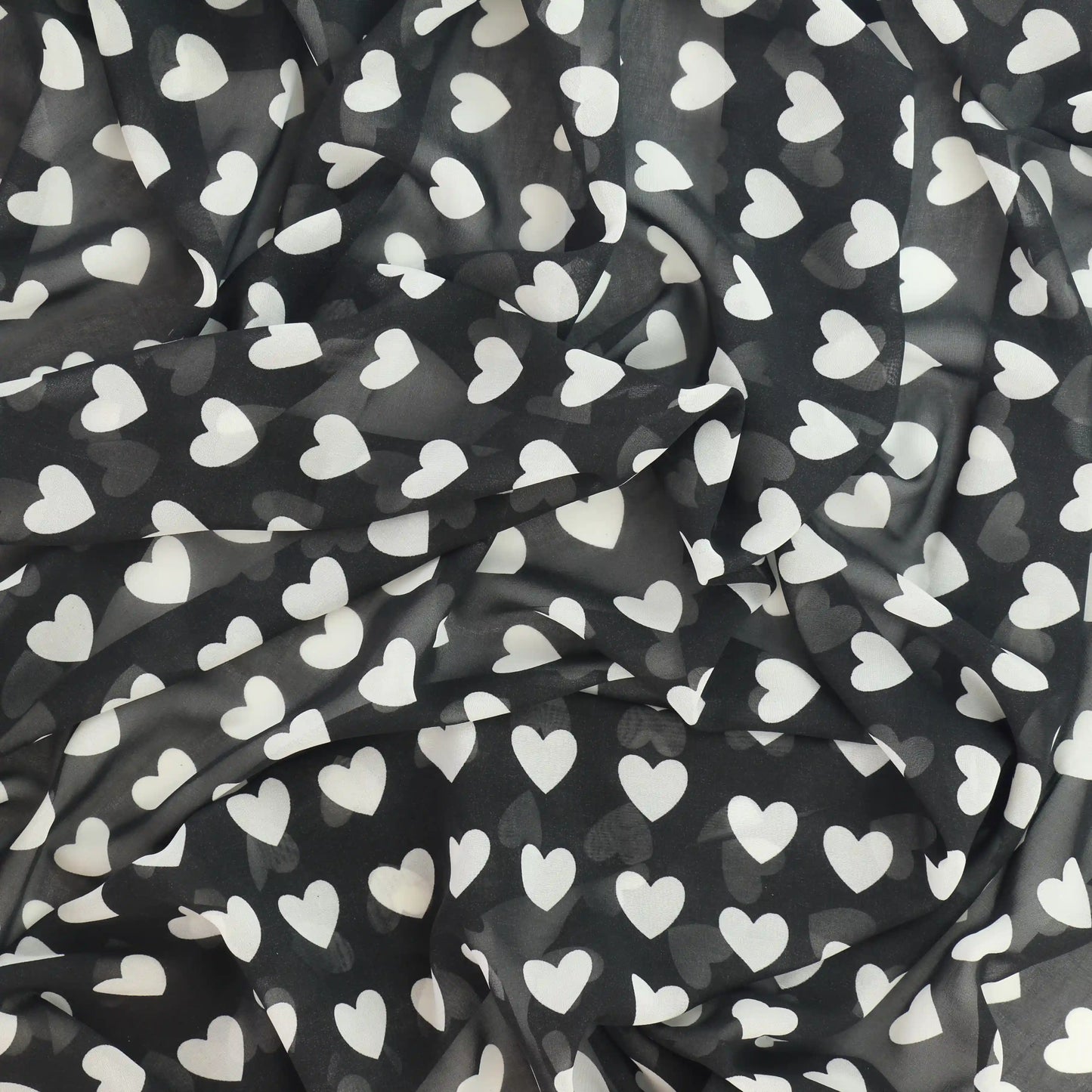 black-and-white-heart-print-chiffon-fabric – full product view