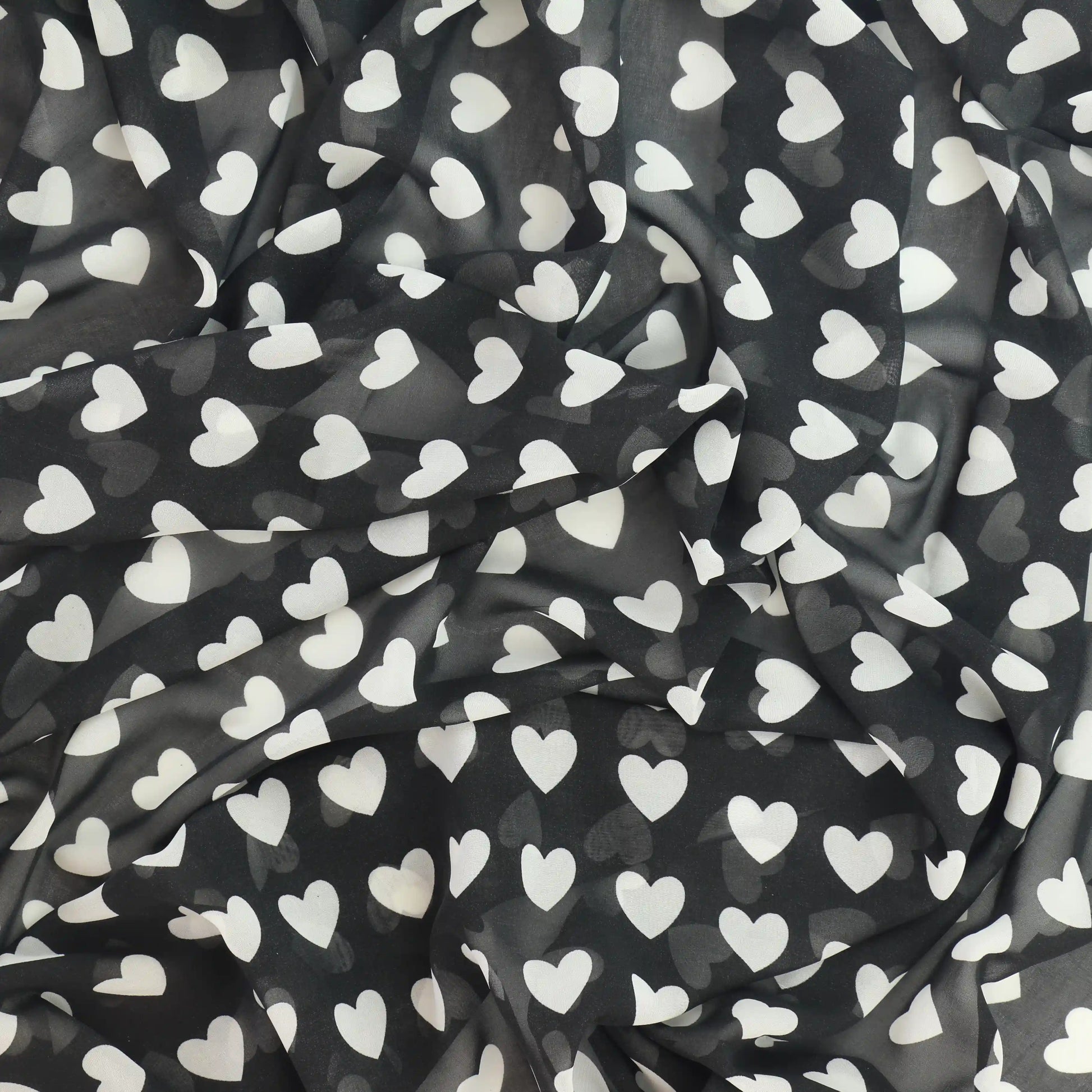 black-and-white-heart-print-chiffon-fabric – full product view