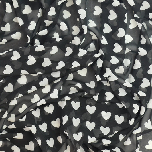 black-and-white-heart-print-chiffon-fabric – full product view