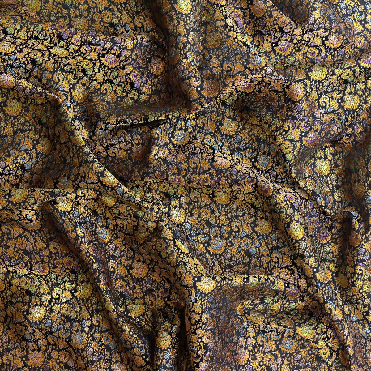black,-bronze-&-multicolour-floral-brocade-fabric – close-up of colour, pattern and texture