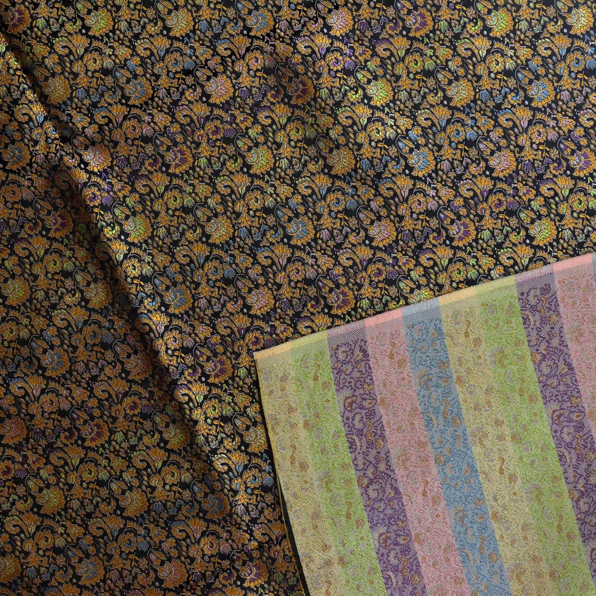black,-bronze-&-multicolour-floral-brocade-fabric – close-up showing weave and surface detail