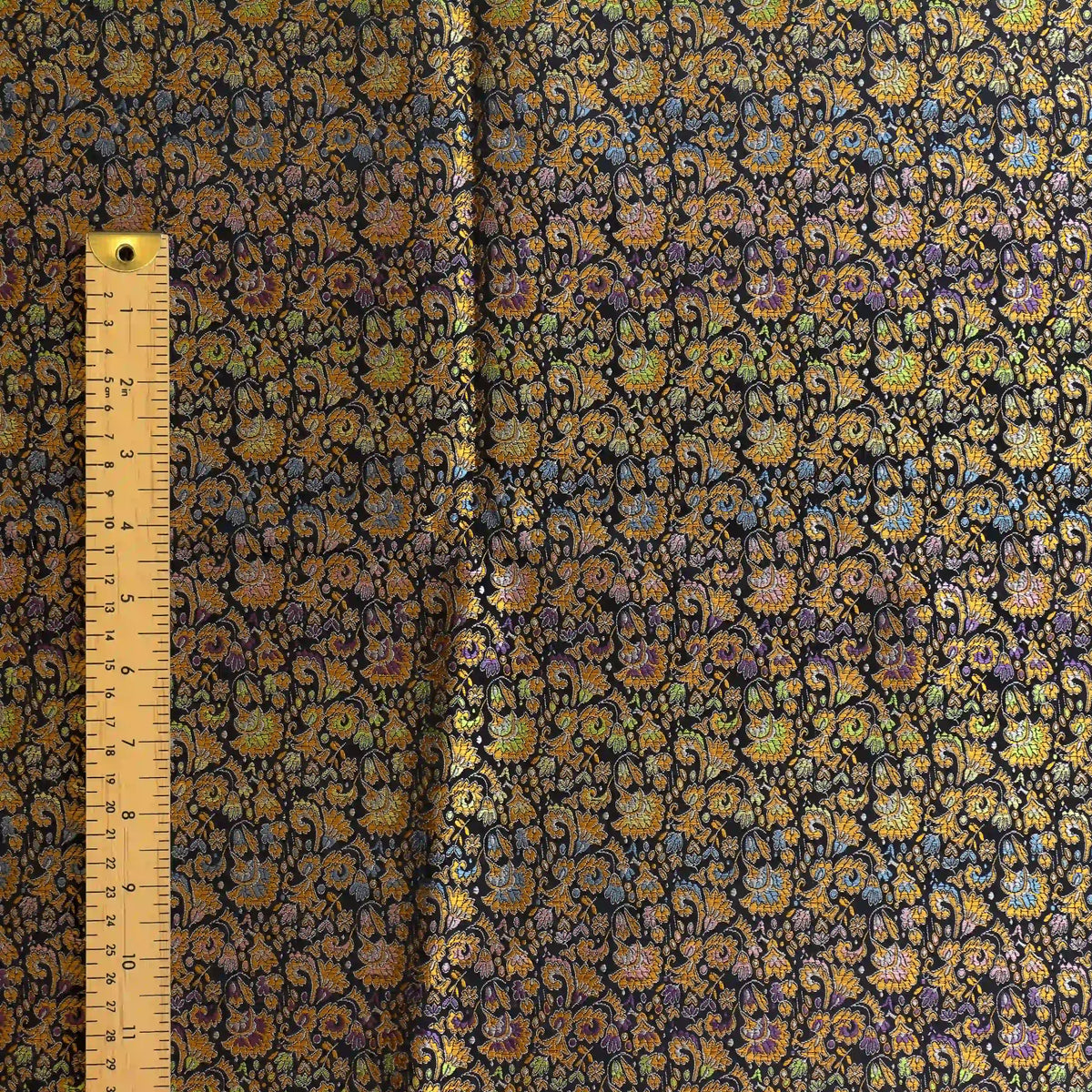 black,-bronze-&-multicolour-floral-brocade-fabric – edge, reverse or condition detail