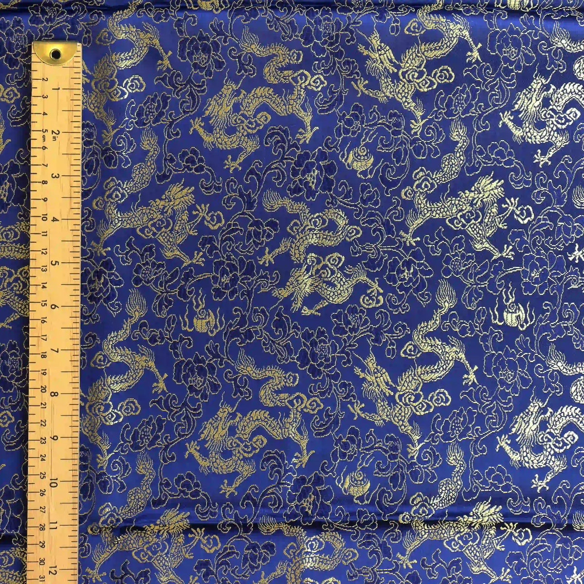 blue-&-gold-floral-dragon-jacquard-fabric – edge, reverse or condition detail