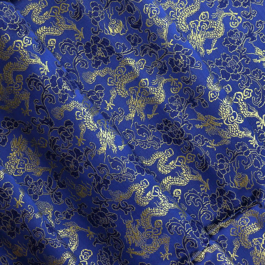 blue-&-gold-floral-dragon-jacquard-fabric – full product view