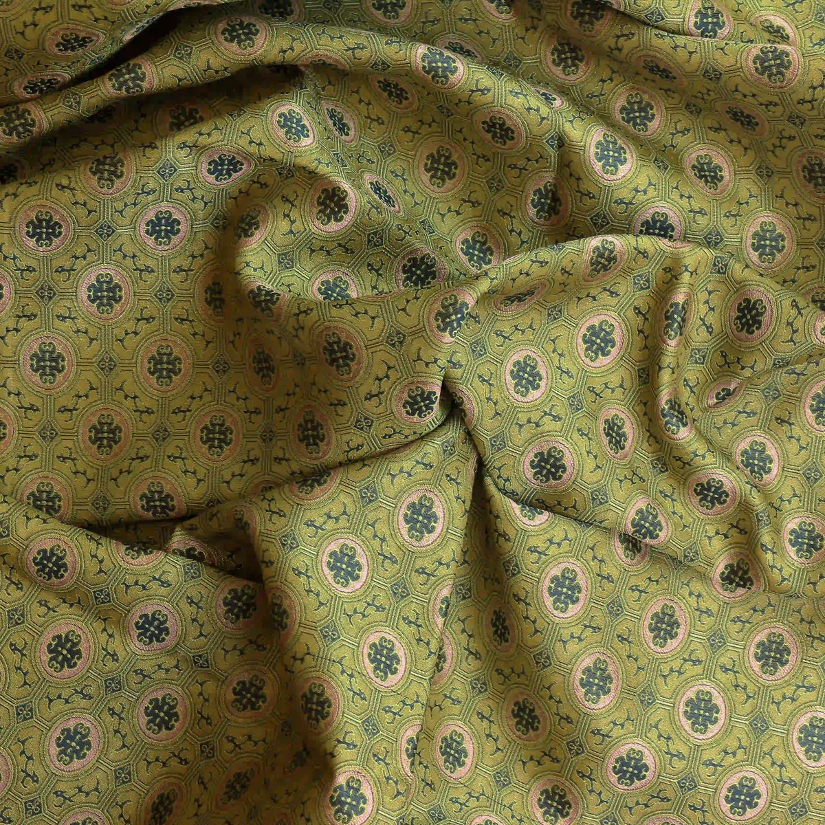 gold,-green-&-pink-geometric-brocade-fabric – close-up of colour, pattern and texture