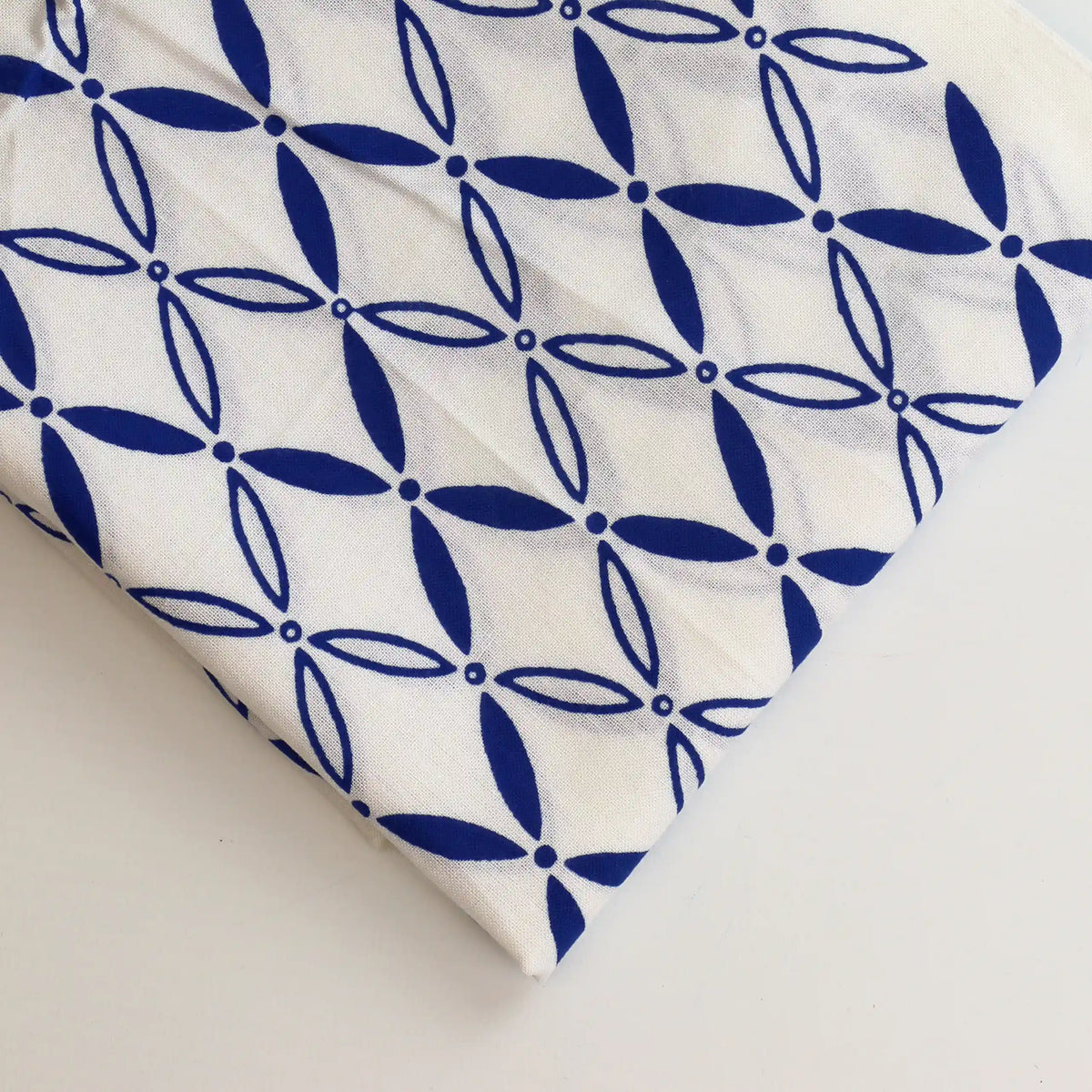 blue-&-white-geometric-print-fabric-panel – close-up of colour, pattern and texture