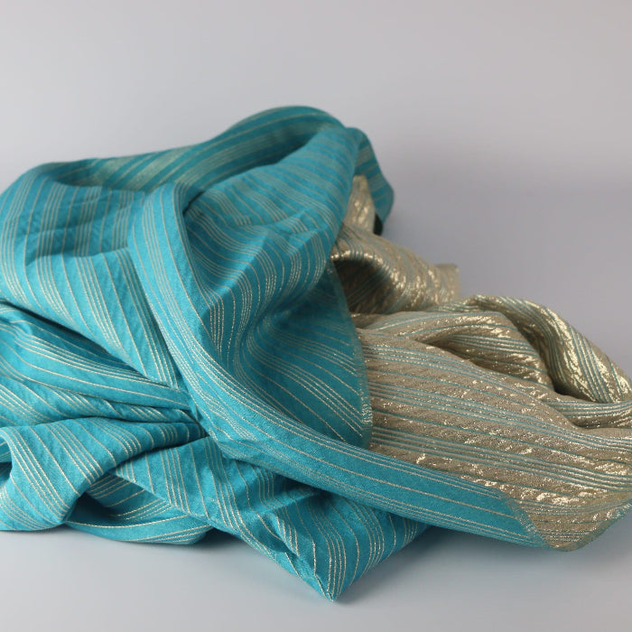 Turquoise & gold striped jacquard fabric