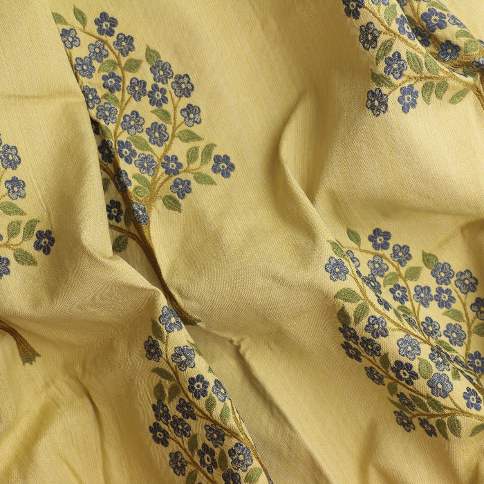 Gold tree print home décor jacquard fabric  showing drape