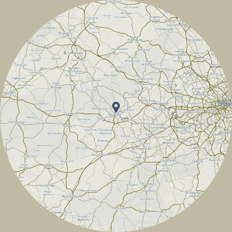 Map of a region with roads and a pin marker on a beige background